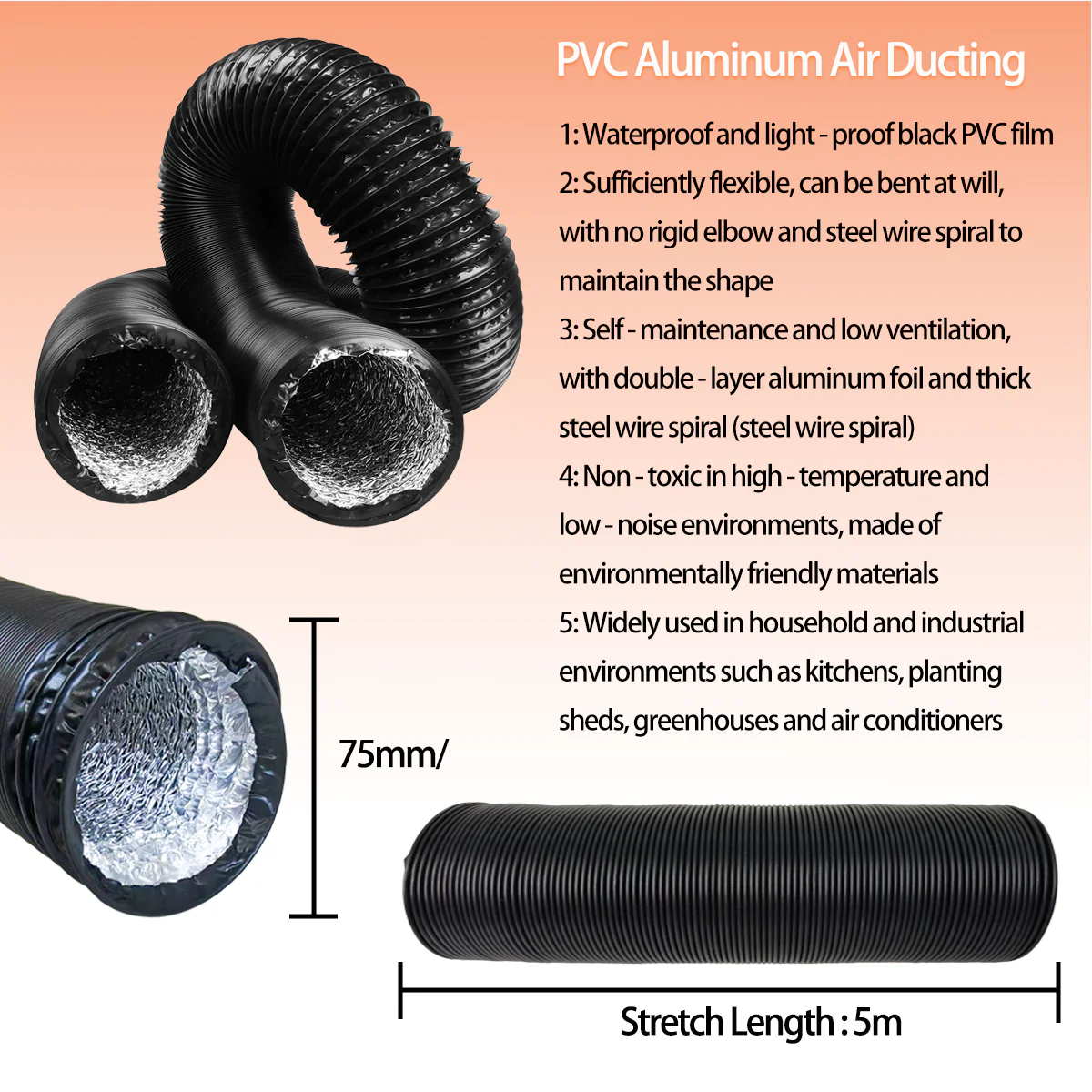 A755 75mm 500cm Flexible Scalable Outlet Duct Pipe - Image 7