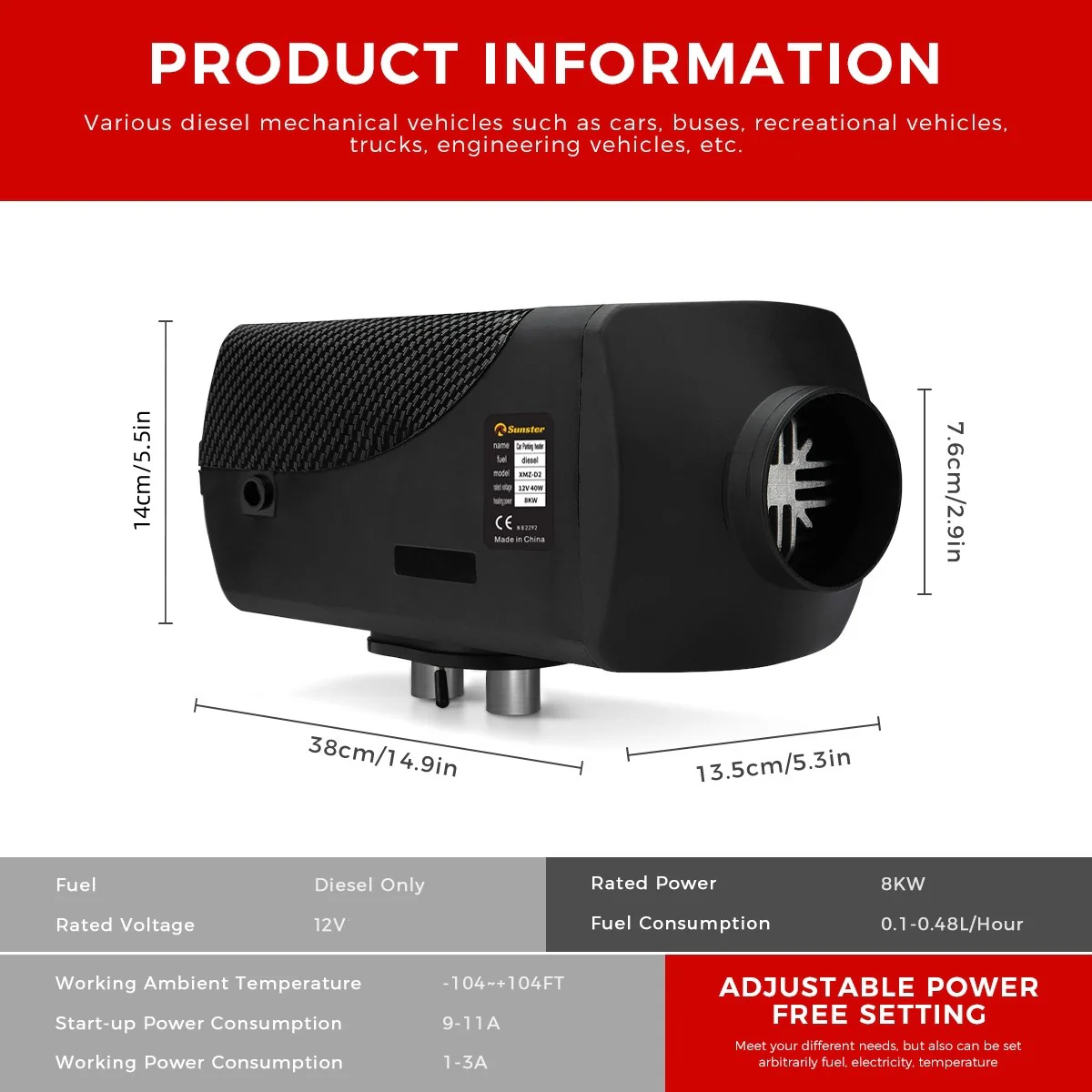Sunster A2019S Diesel Heater 8KW 12V, Traditional Classic Version - Image 3