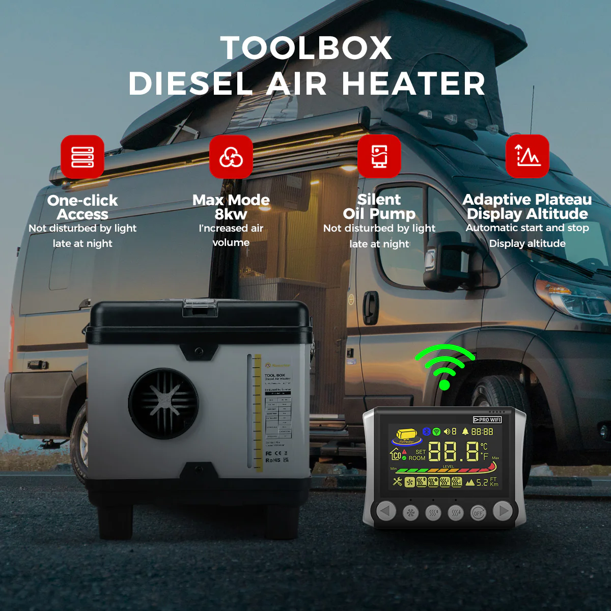Sunster TB10PRO Diesel Heater 8KW 12/24V 110-240V, ToolBox WIFI Bluetooth Upgrade Version - Image 11